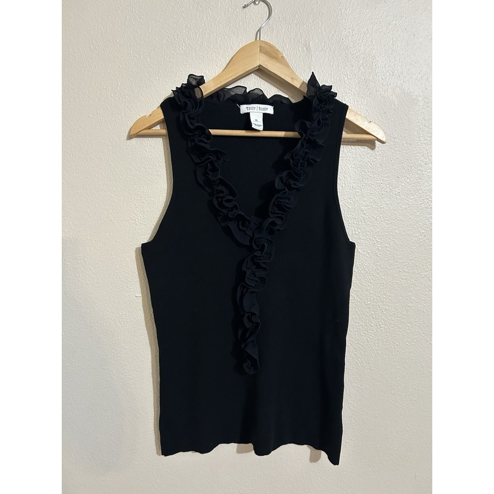 WHBM 100% Silk Chic Romantic Sheer Black Ruffle Sleeveless Blouse Size XL